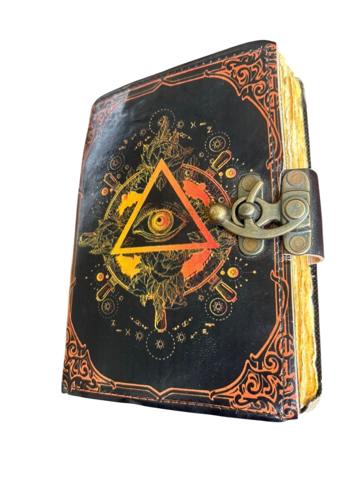 Handmade Leather Journal with Lock, 200 Deckle Edge Pages, Vintage Embossed Diary with Mystic Eye Design, 5x7 Inch