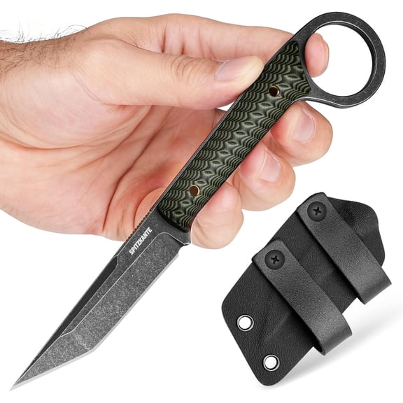 7.3" EDC Fixed Blade Knife with Sheath, Full Tang 5Cr14MoV Camping Knife, Green G10 Handle, Finr Ring Design, Horizontal/Vertical Carry, Outdoor Survival Gift for Men