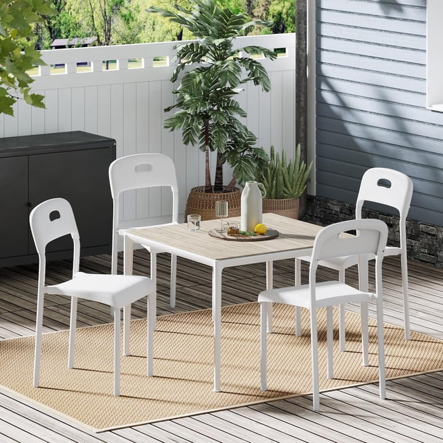 Outdoor Patio Dining Chairs Set of 4, Stackable Plastic Kitchen Chairs, Steel Legs Support, Waterproof & Stain-Resistant, Easy Assembly, Suitable for Indoor and Outdoor, White