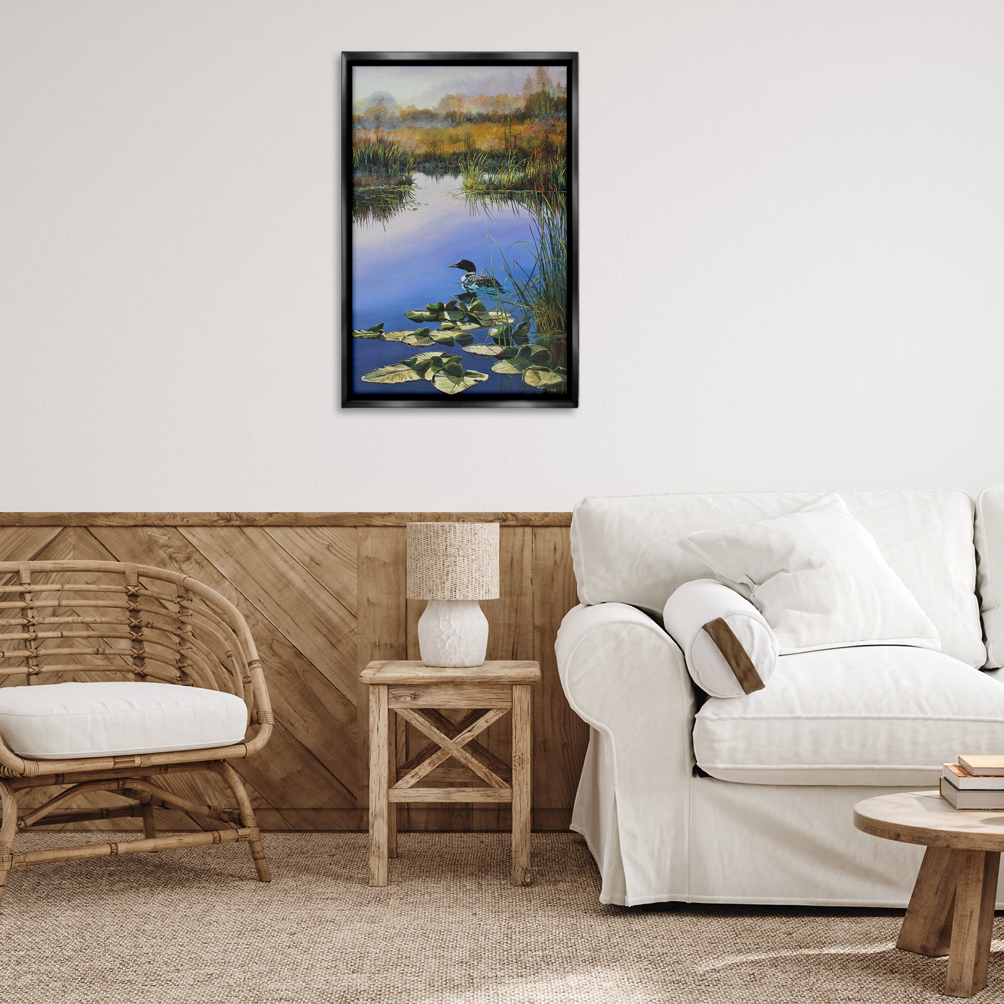 Stupell Industries Duck's Morning Solitude Landscape & Nature Painting Black Floater Framed Canvas Art Print Wall Art, 21 x 31