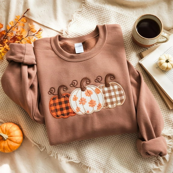 Pumpkin Embroidered SweatShirt, Boho Fall Pumpkin T-Shirt, Patchwork Pumpkin Tee, Cute Autumn Shirt, Fall Harvest Shirt, Pumpkin Patch Shirt