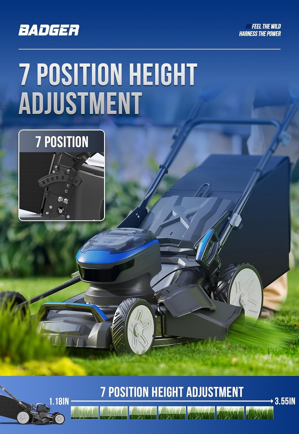 Wild Badger Power 40V 21″ Cordless Lawn Mower Brushless, 3,200 sq ft/0.073 ac, 2×4.0Ah Batteries & Fast Charger, 7-Position Heights,for Medium-to-Large Lawns