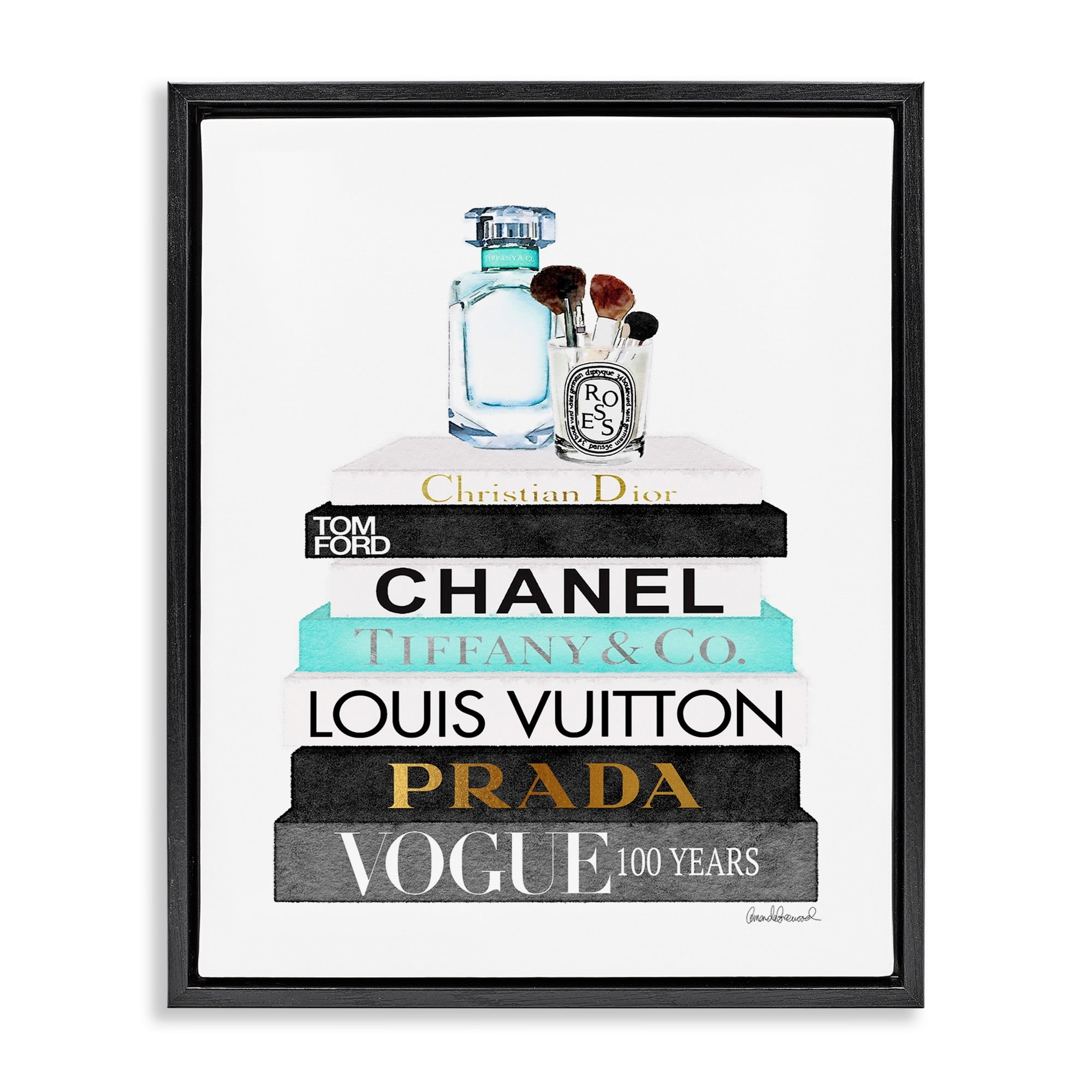 Stupell Industries Book Stack Perfume Brushes Glam Fashion Watercolor Jet Black Framed Floating Canvas Wall Art, 16x20, by Amanda Greenwood
