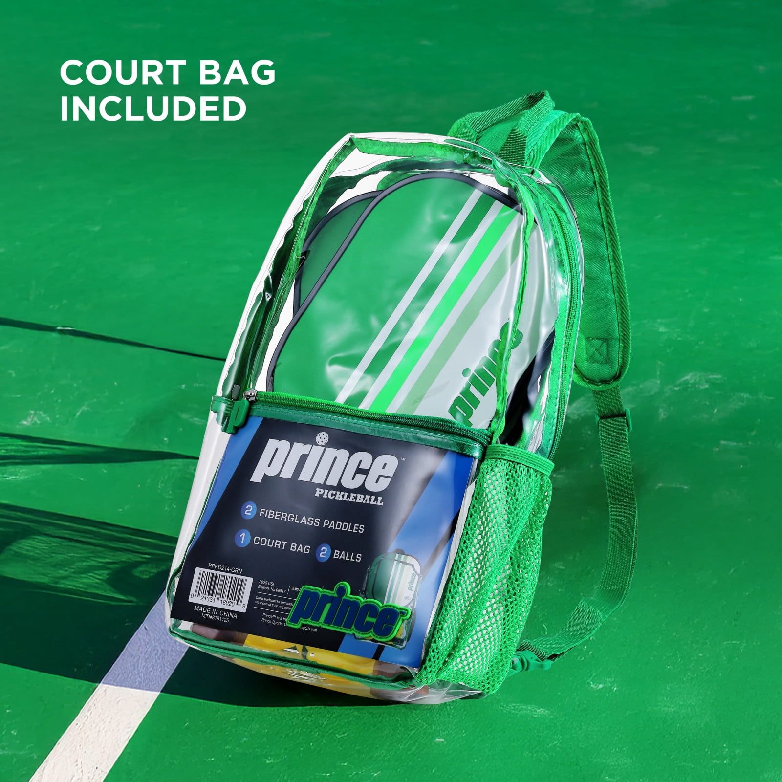 Prince Pickleball 5 Piece Fiberglass Paddle Set with Bonus Clear Backpack, Green Includes 2 Paddles, 2 Outdoor Pickleballs & Carry Bag