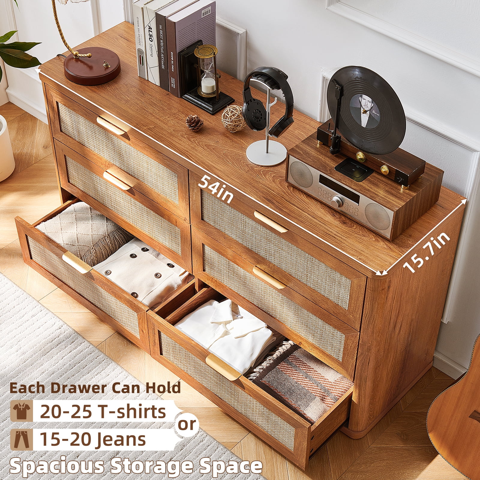 6 Drawer Dresser for Bedroom Set of 2, Boho 54" Wide Brown Dresser Chest of Drawers, Dressers TV Stand with Metal Handle, Storage Dressers Closet for Living Room