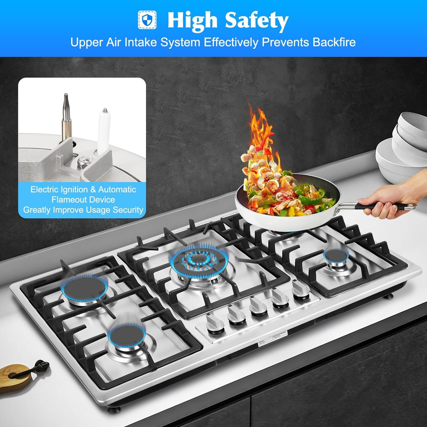 5 Burners Gas Stove 33.86" Built-In Stove Top Gas Cooktop Kitchen Easy To Clean Gas Cooking, Cooktop Cooking Stainless Steel Gas Propane Stove
