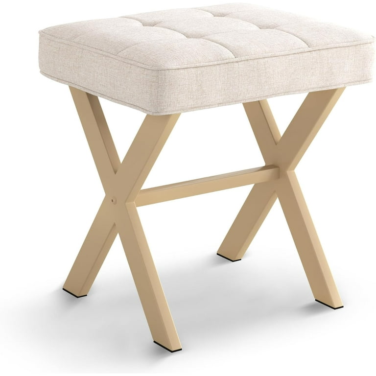 Square Linen Makeup Stool, Metal X Legs, Small Ottoman Stool Chair