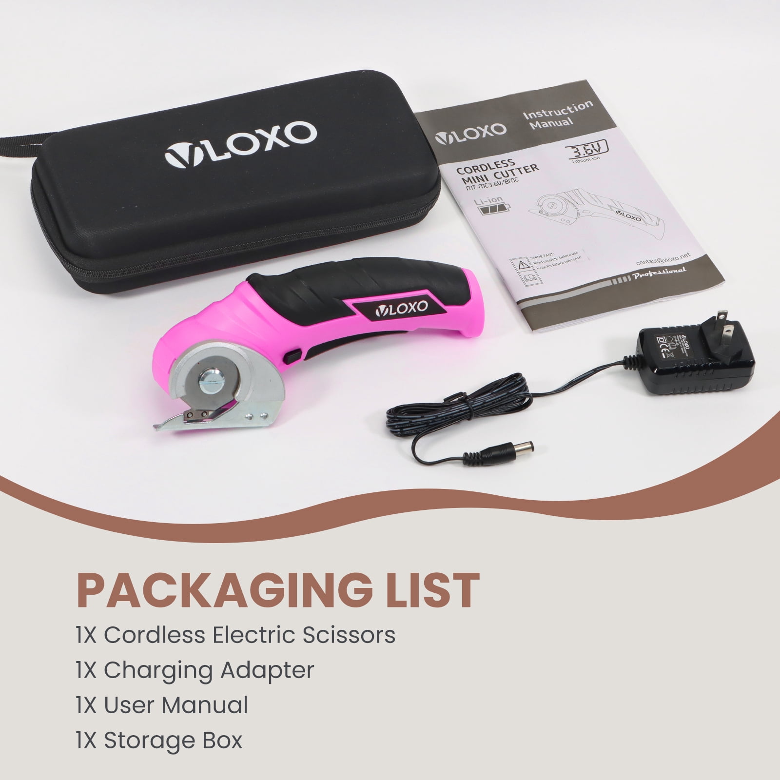 VLOXO Cardboard Cutter, Cordless Electric Scissors for Leather with Safety Lock, Box Cutter Electric Multi-Cutting Tools Rechargeable Powerful for Canvas Leather Plastic with Storage Box Pink