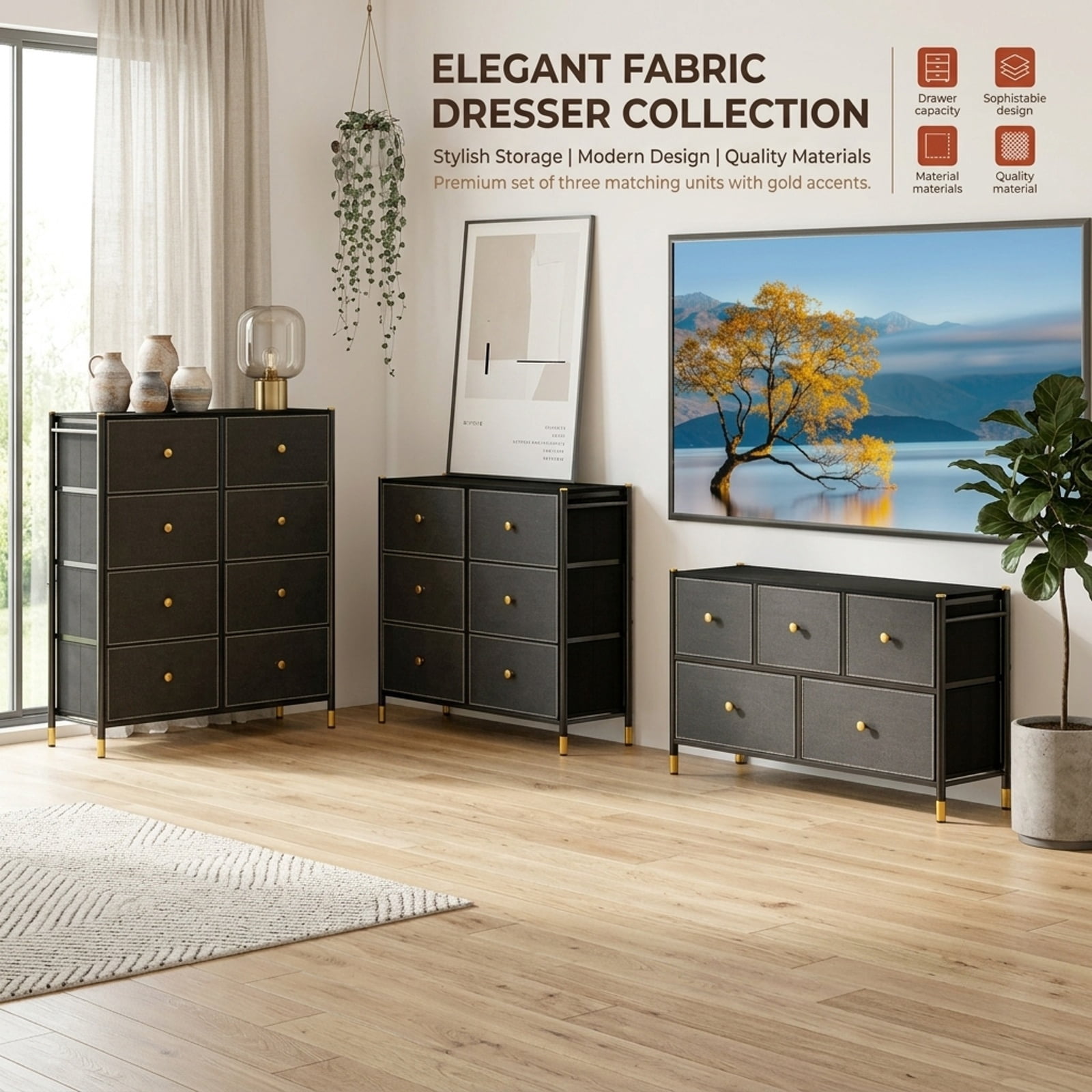 Furnibear Floor Dresser Storage Organizer with 5/6/8 Drawers with Fabric Bins and Metal Frame-8-Drawer for Bedroom Closet Living Room Nursery, Black
