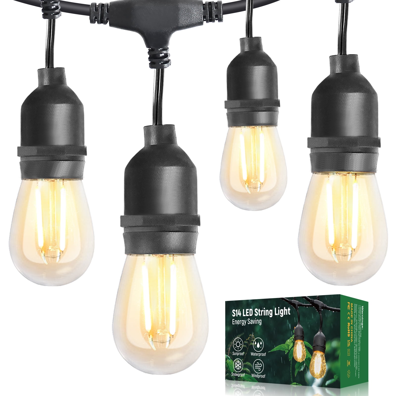 BRIMAX 48ft LED Outdoor String Lights, S14 Edison Patio Lights with 15