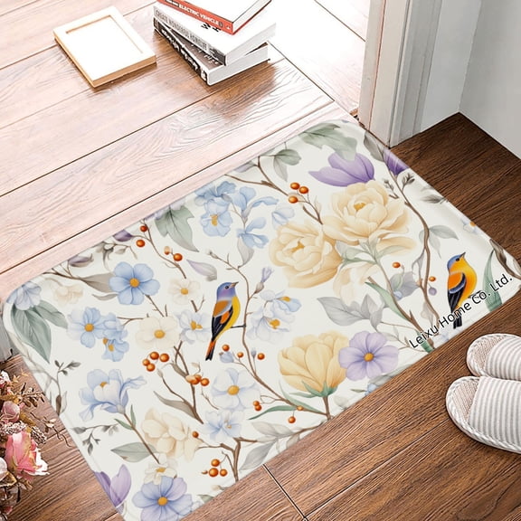 FJPT Non Slip Flannel Polyester Floor Mat With Floral And Bird Design For Bathroom Kitchen Bedroom Decor 16x24 inch