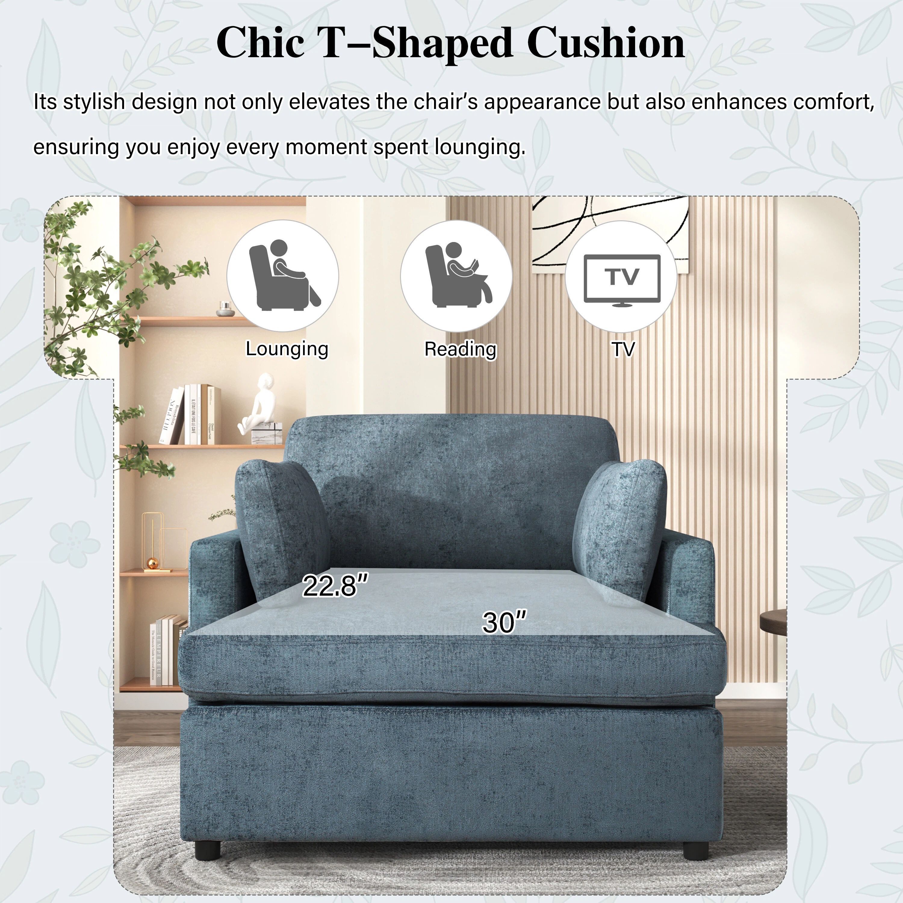 Euroco Oversized Accent Chair, 37" Wide Armchair with 2 Throw Pillow and Deep Seat,Upholstered Modern Lounge Chair,Comfy Reading Chair for Living Room, Bedroom,Blue