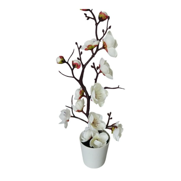 Jarrón de flores artificiales con arreglo de flores de seda de ciruelo simulado con Blanco