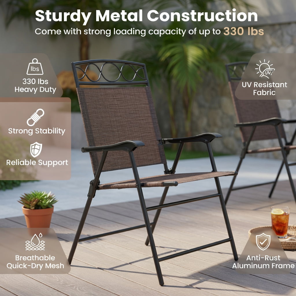 Hommoo 4-Pack Patio Folding Chairs with Armrests, Lightweight Outdoor Dining Chairs, Easy-Store Metal Frame & Breathable Fabric, Brown