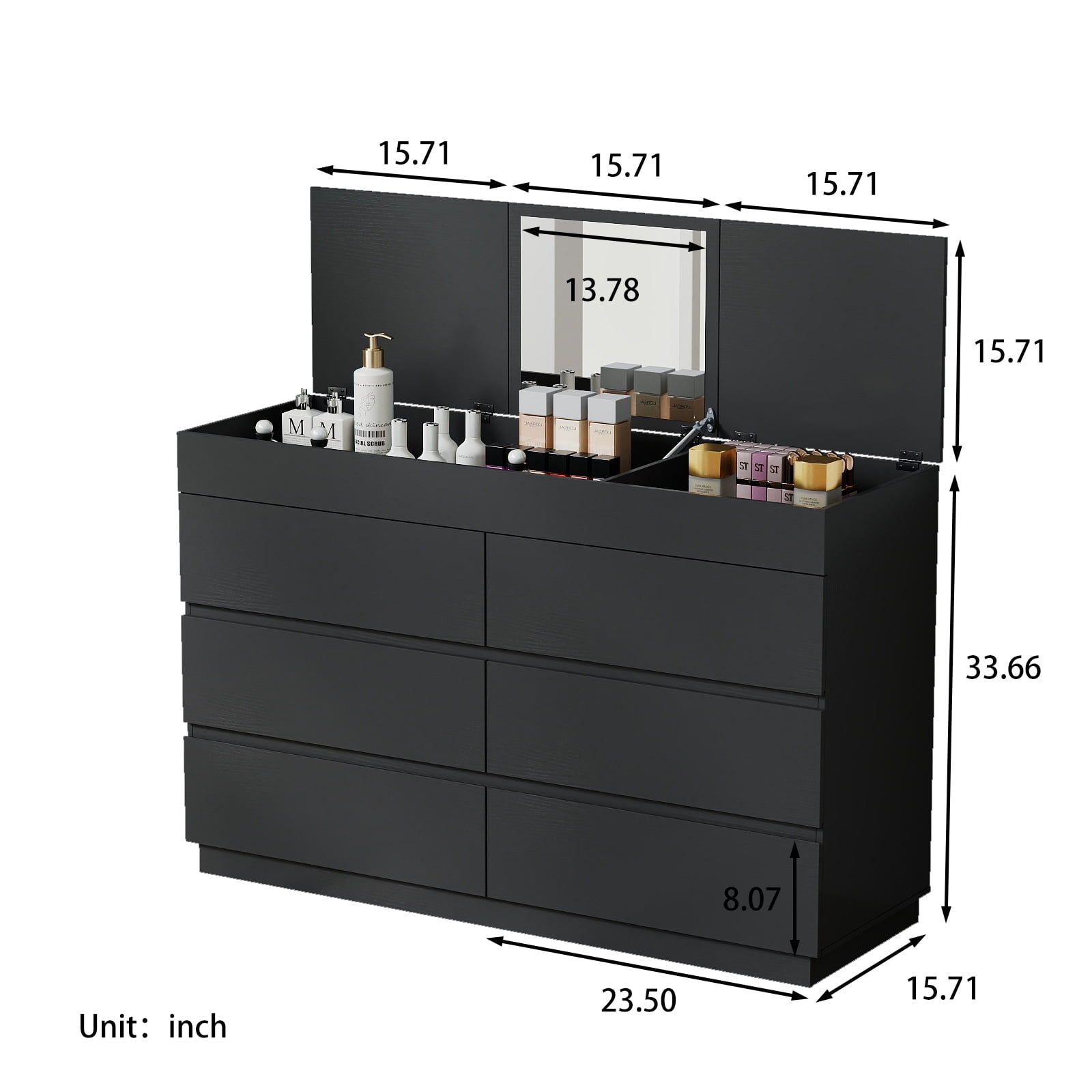 Six Drawers Cabinet With Mirror, P2 12mm Particleboard With Melamine Veneer, 120*40*85.5cm