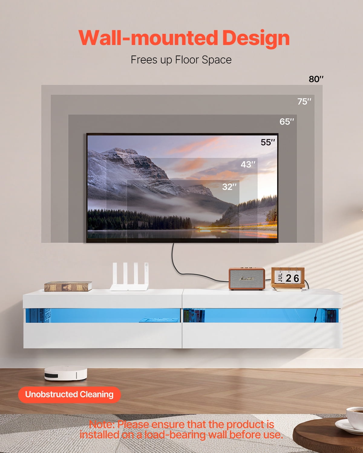 VEVOR Floating TV Stand, 71 in Wall Mount Entertainment Center with Power Outlet & LED Lights, Modern Floating TV Shelf with 2 Drawers & Storage Cabinet for DVD Player, Cable Box,Game Console,White