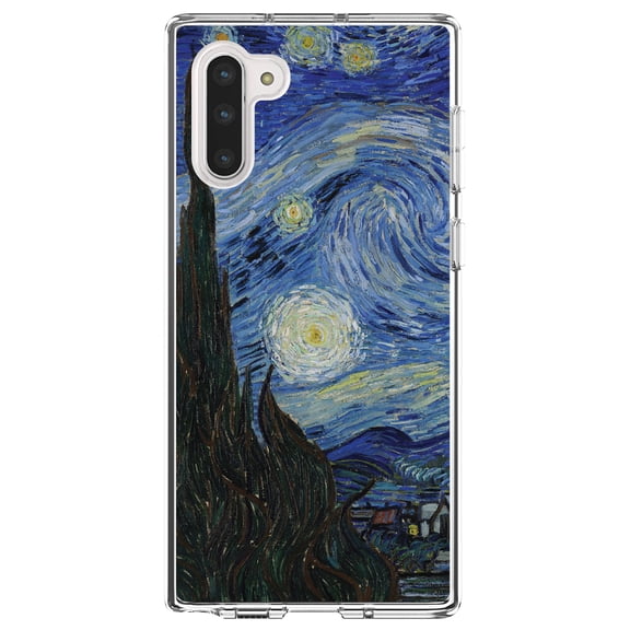 DistinctInk Clear Shockproof Hybrid Case for Samsung Galaxy Note 10 (6.3" Screen) - TPU Bumper, Acrylic Back, Tempered Glass Screen Protector - Van Gogh Starry Night - Classic Art