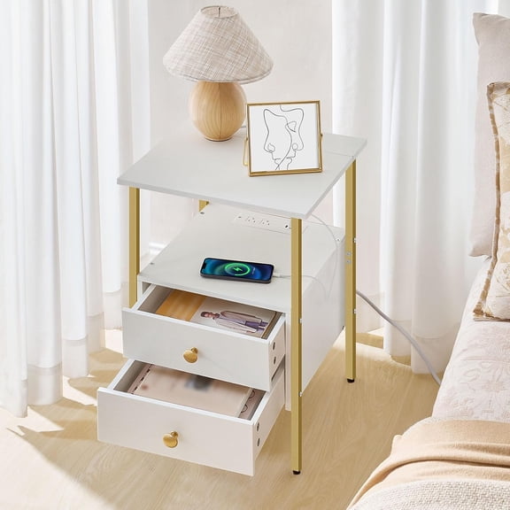 Side Table Set of 2 with Charging Station, Bedside Table with 2 Drawers USB Port Type-C for Small Spaces Living Room White Gold DW43UBZ01