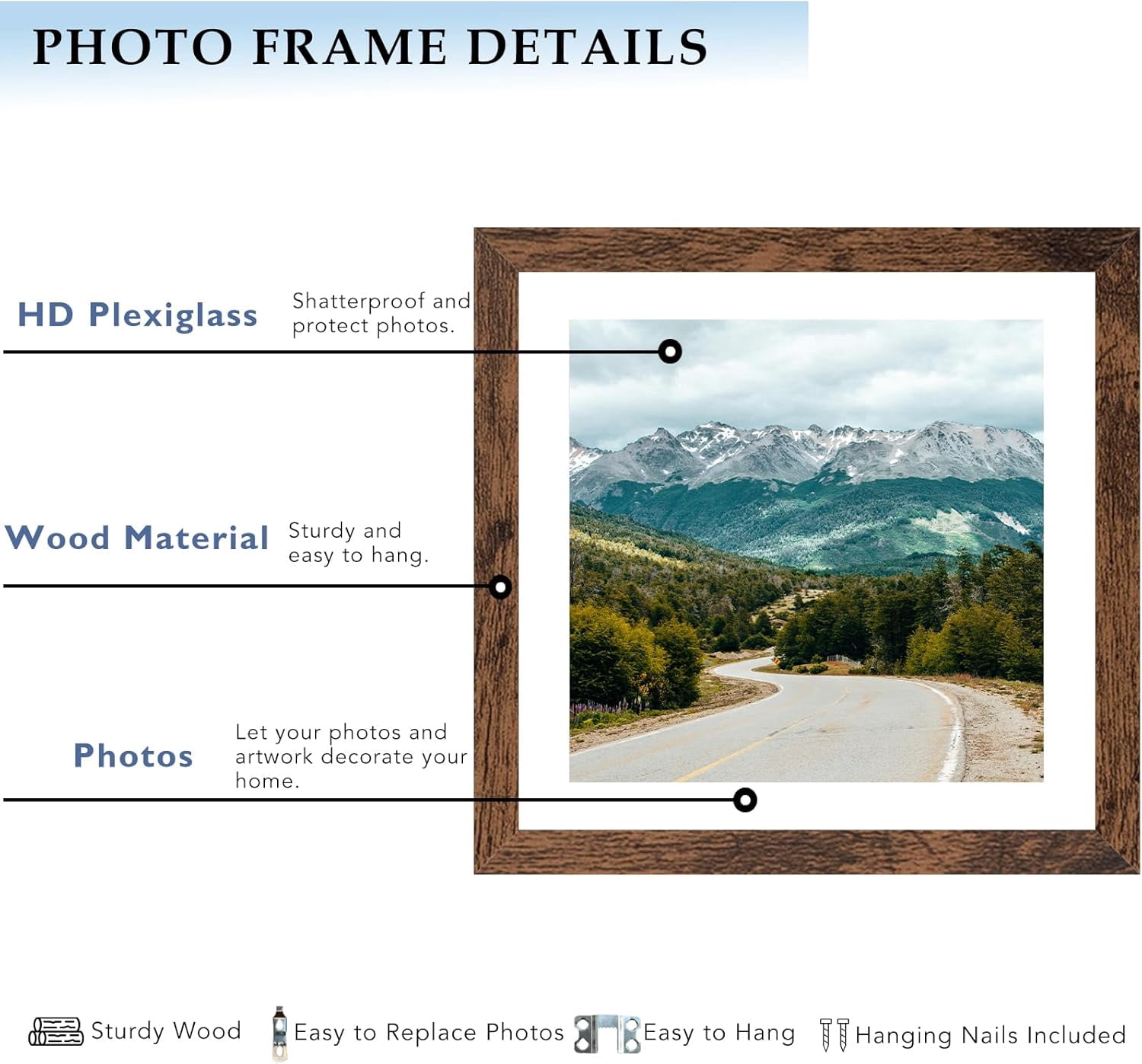 Wood 10x10 Picture Frame with 8x8 Mat Deep Brown, Display 8x8 with Mat or 10x10 Without Mat, Wood 10 by 10 Photo Frame, 10 x 10 Frame for Wall Hanging Display, Deep Brown