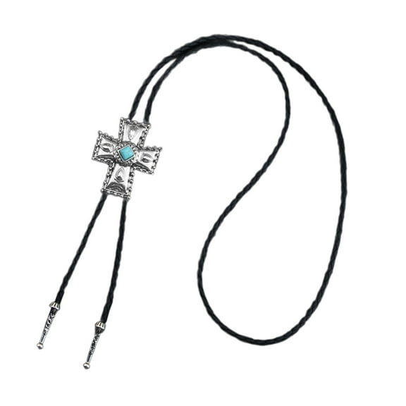 Faux Rope Lariat Necklace with Metal Crosses Stone Pendant Jewelry Western Necktie Bolo Tie for Men and Women