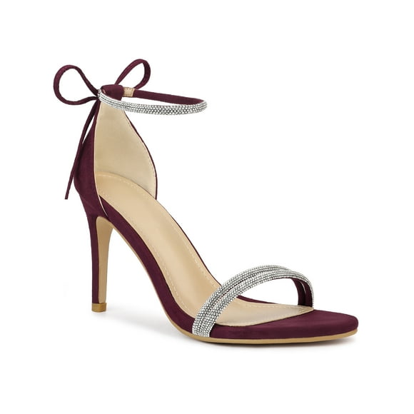 BLISSFUL STEP Women's Shoes Stiletto Heels Rhinestone Ankle Tie Open Toe Faux Suede Party Sandals Burgundy 8