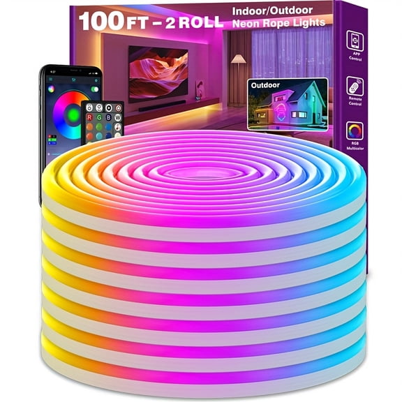 100ft RGB Neon Rope Lights, App & Remote Control, Music Sync, Flexible LED Strip Lights for Home Gaming Party Indoor Outdoor Decor, US Plug