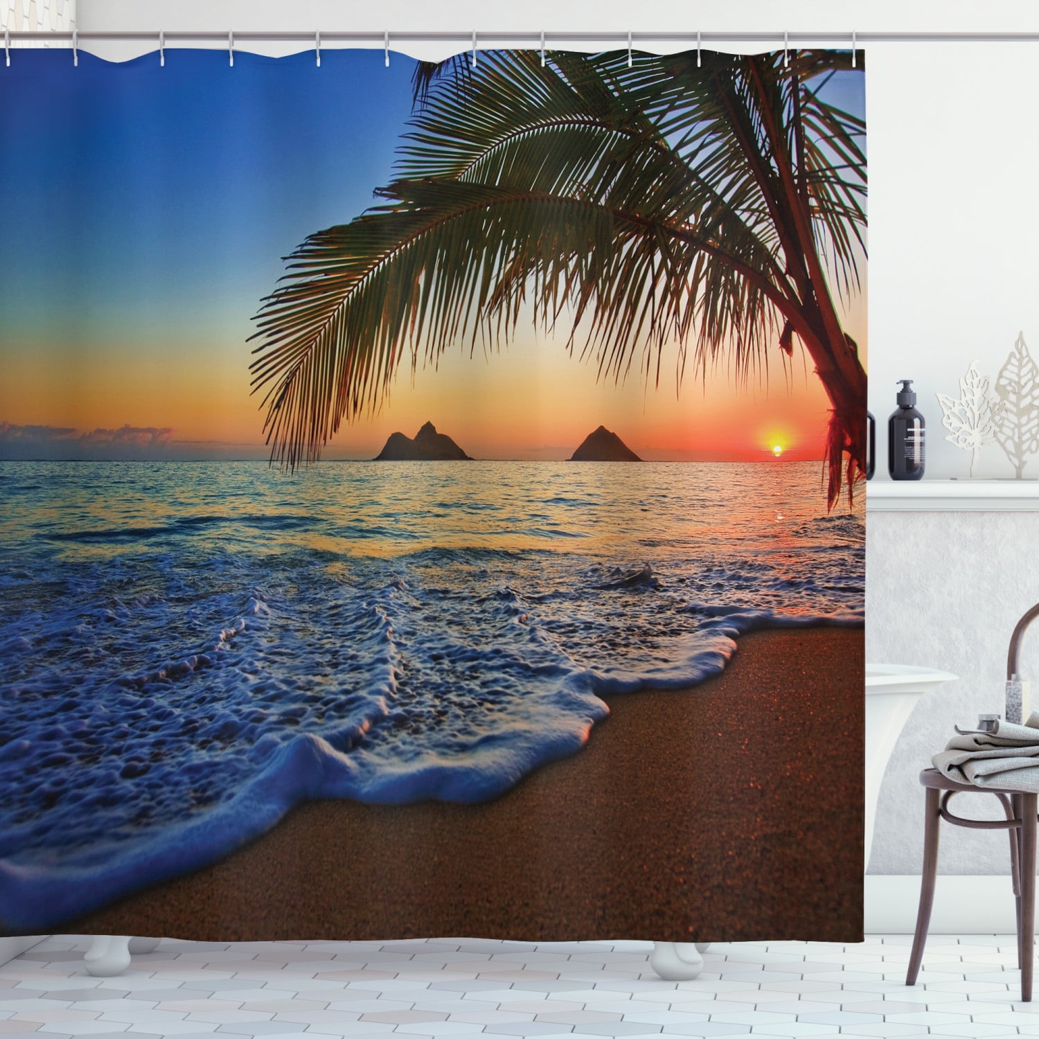 Hawaiian Decorations Shower Curtain Set, Pacific Sunrise At Lanikai