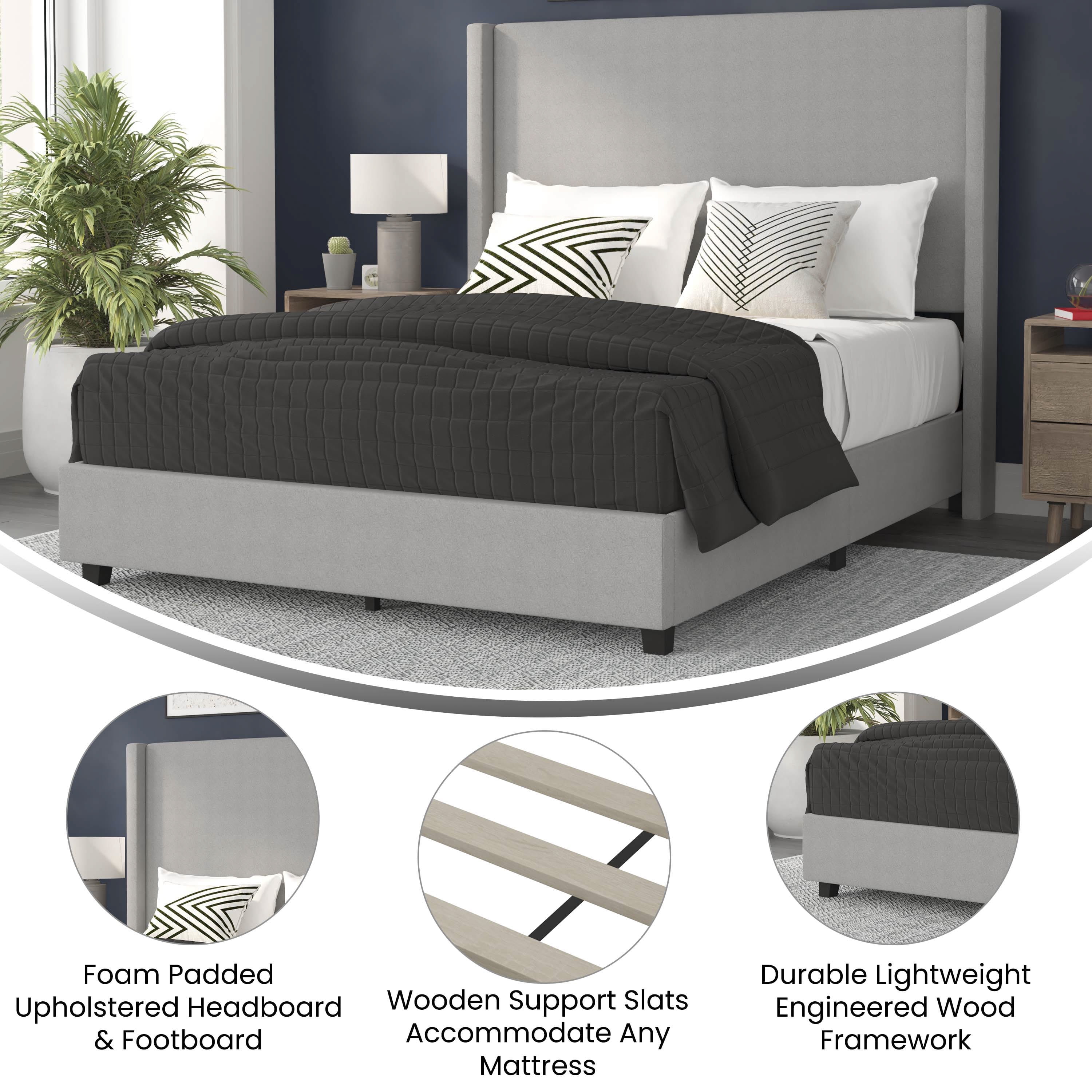 Merrick Lane Modern Queen Size Platform Bed Frame with Padded Faux Linen Upholstered Wingback Headboard and Wood Support Slats in Gray