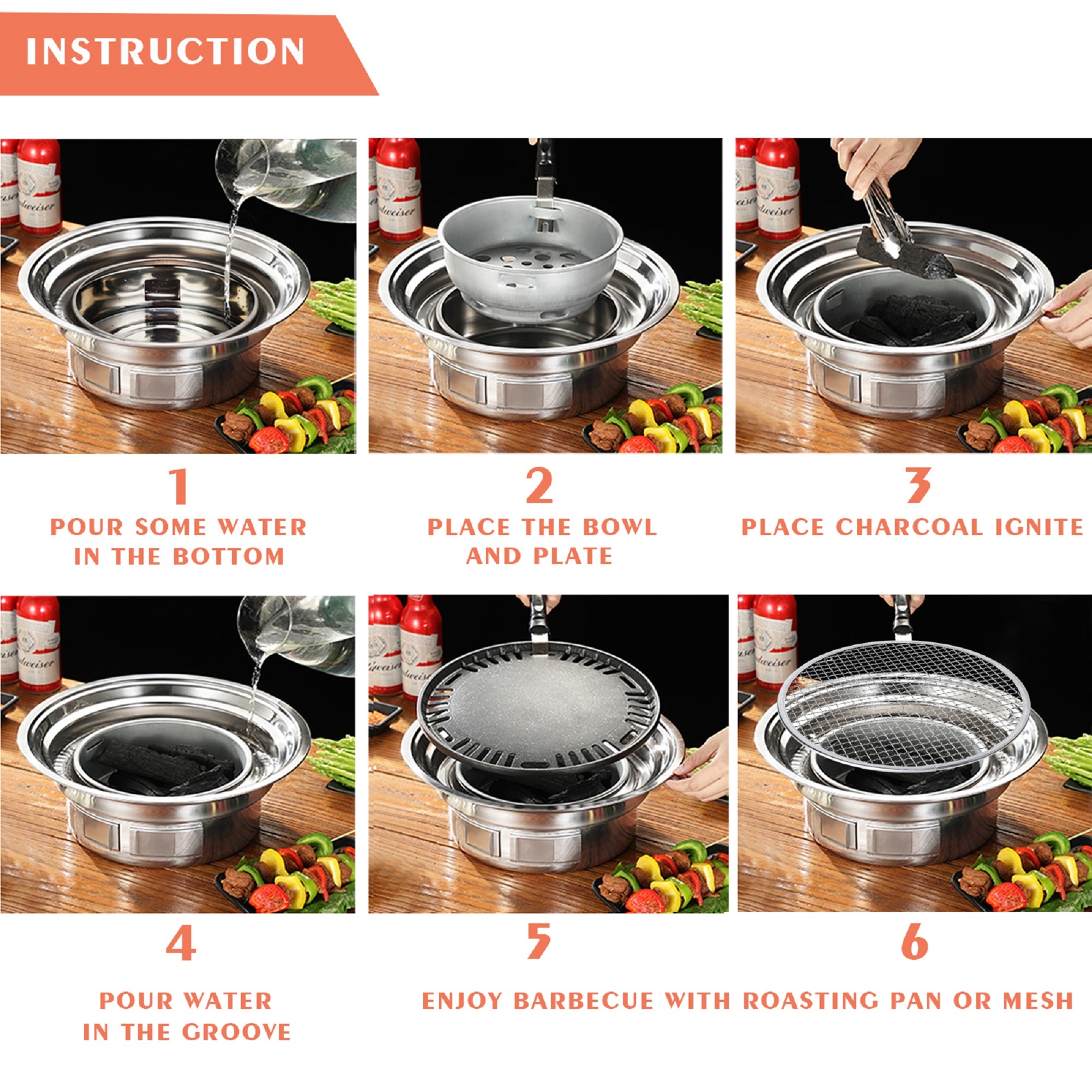 Charcoal Barbecue Grill, 13.7 Inches Non-Stick Korean BBQ Grill, Portable Stainless Steel Charcoal Stove for Home Party Outdoor Camping