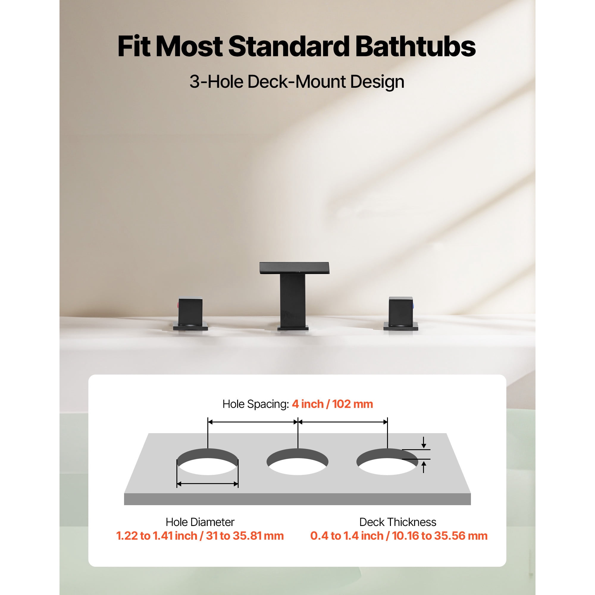 KFFKFF Roman Tub Faucet, 3-Hole Waterfall Bathtub Faucet, Deck-Mounted Bath Faucet Set with Dual Handles, Ideal for Bathing, Pet Cleaning, and Baby Care, Matte Black, Leak-Resistant