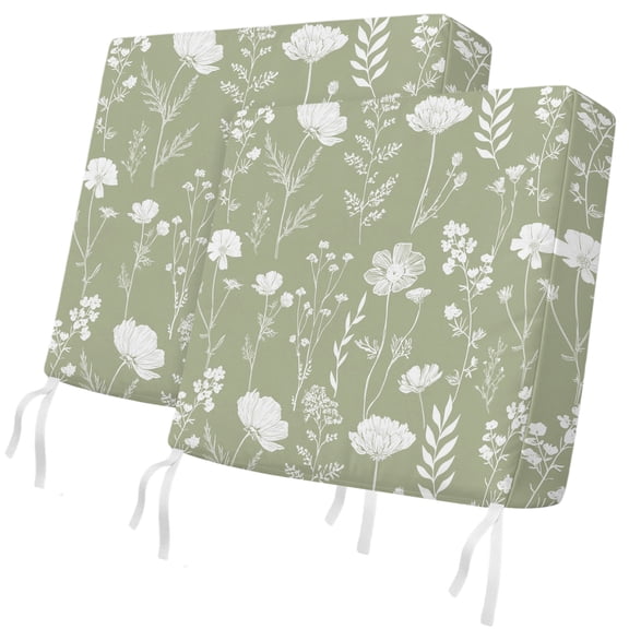 Outdoor Patio Cushion Covers 2 Pack Sage Green Spring Wildflowers Chair Cushion Seat Pads with Ties & Zipper Waterproof Fern Leaves Bloom Chair Slipcovers for Outdoor Furniture Couch Sofa 24x24 Inch