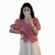 thumbnail image 2 of Blusa de mujer con escote en V dulce para uso diario, citas y trabajo - Rosa, talla M Blusa de manga corta abullonada con bordado floral, 2 of 8