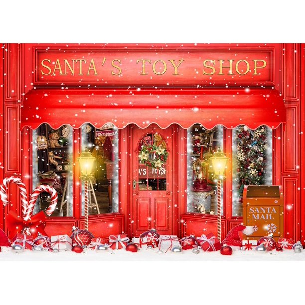 Fondo fotográfico navideño rojo con tienda de juguetes de Papá Noel, bastón de caramelo en un mundo nevado, pancarta para fiesta navideña familiar, suministros de fondo para fotografía, decoración de