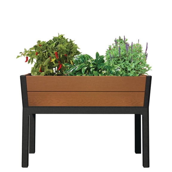 Keter Darwin 26 Gallon Wood-Look Raised Garden Bed with Self-Watering and Drainage System Kit, Brown