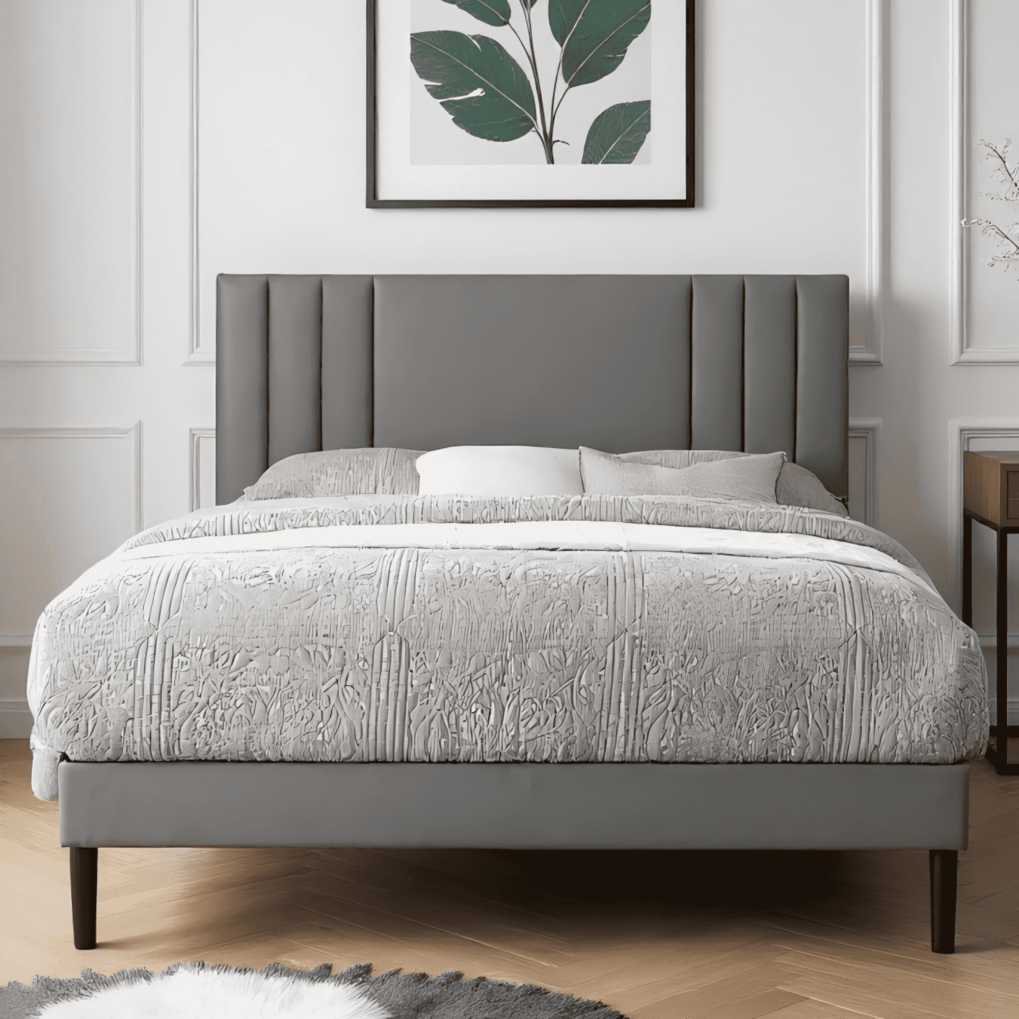 BSHTI Full-Size Platform Bed Frame with PU Upholstered Headboard, wood slats support and a center support leg,Adjustable Headboard, Gray