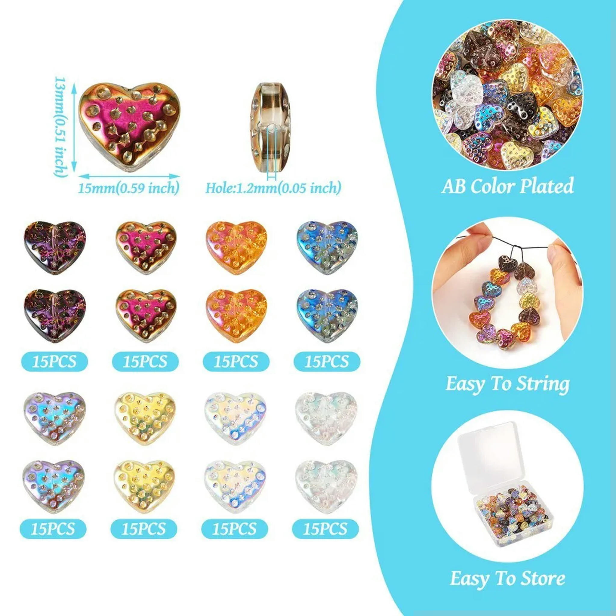 U8MO 120Pcs AB Color Plated Heart Electroplate Transparent Glass Beads Crafts 13x15mm