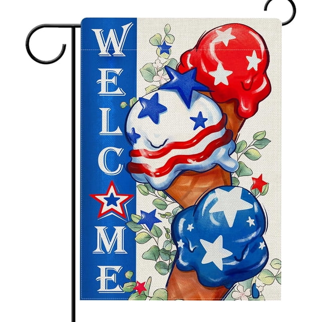 Bandera patriótica de jardín de doble cara con diseño de helado, ideal para el 4 de julio. Estrellas de EE. UU., decoración pequeña para exteriores, hojas de eucalipto, decoración de verano americana