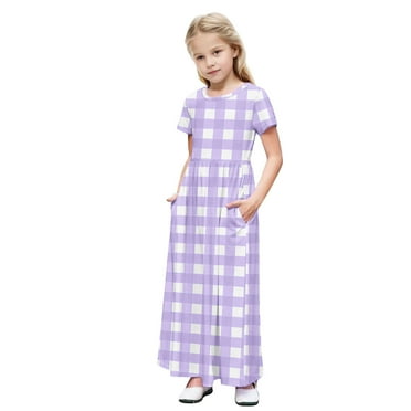 biudgviw Robe Décontractée pour Filles à Carreaux Manches Courtes Col Rond Robe Longue d'Été avec Poches 4-14 Ans