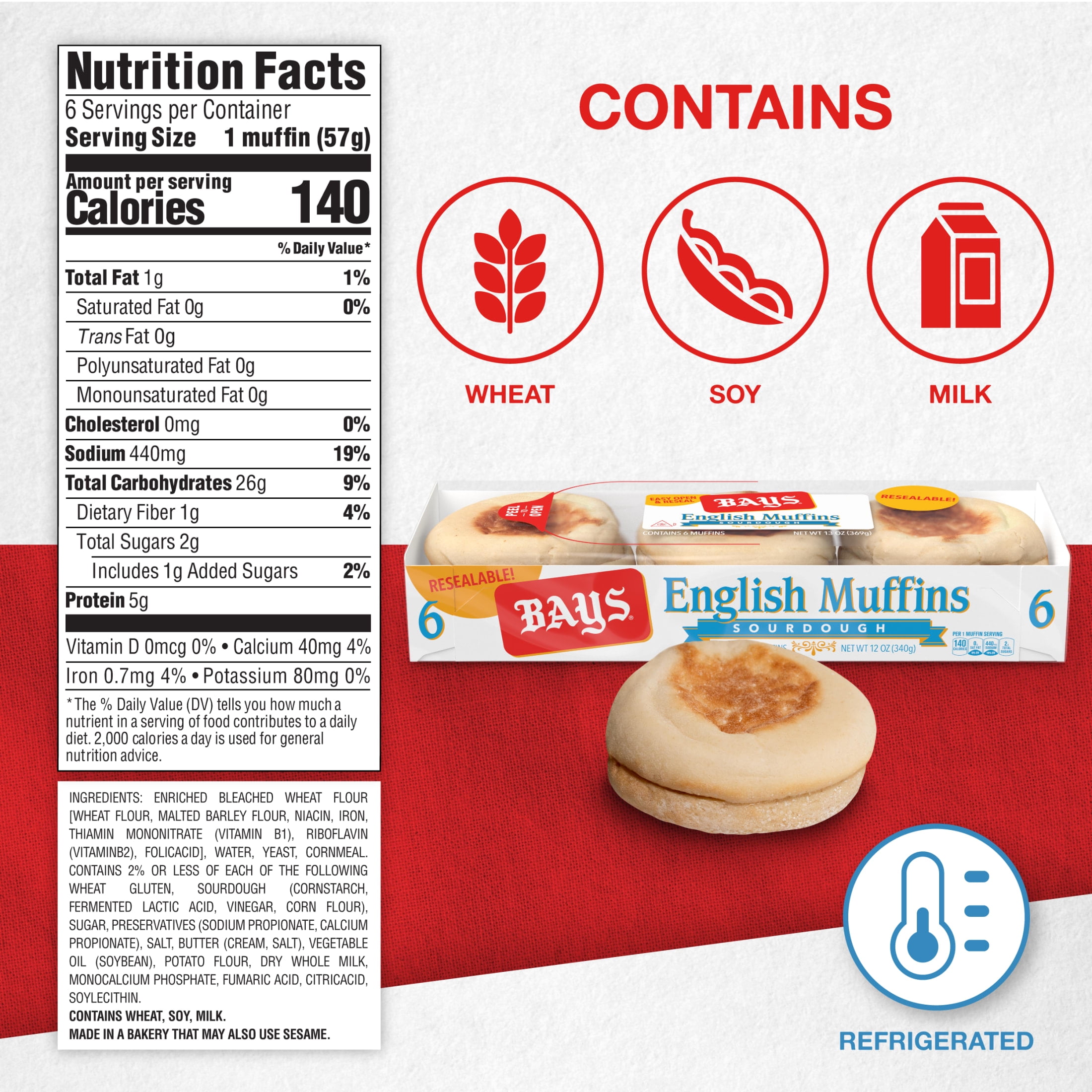 Bays Sourdough English Muffins, 6 count, Pre-sliced English Muffins, 12 oz Tray