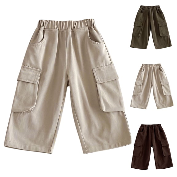 Afuyipoi Boys Cargo Pants Size 1-8 Elastic Waist Multi Pockets Solid Color 100% Cotton Casual Long Pants for Kids Outdoor Play Daily Beige Size 2T