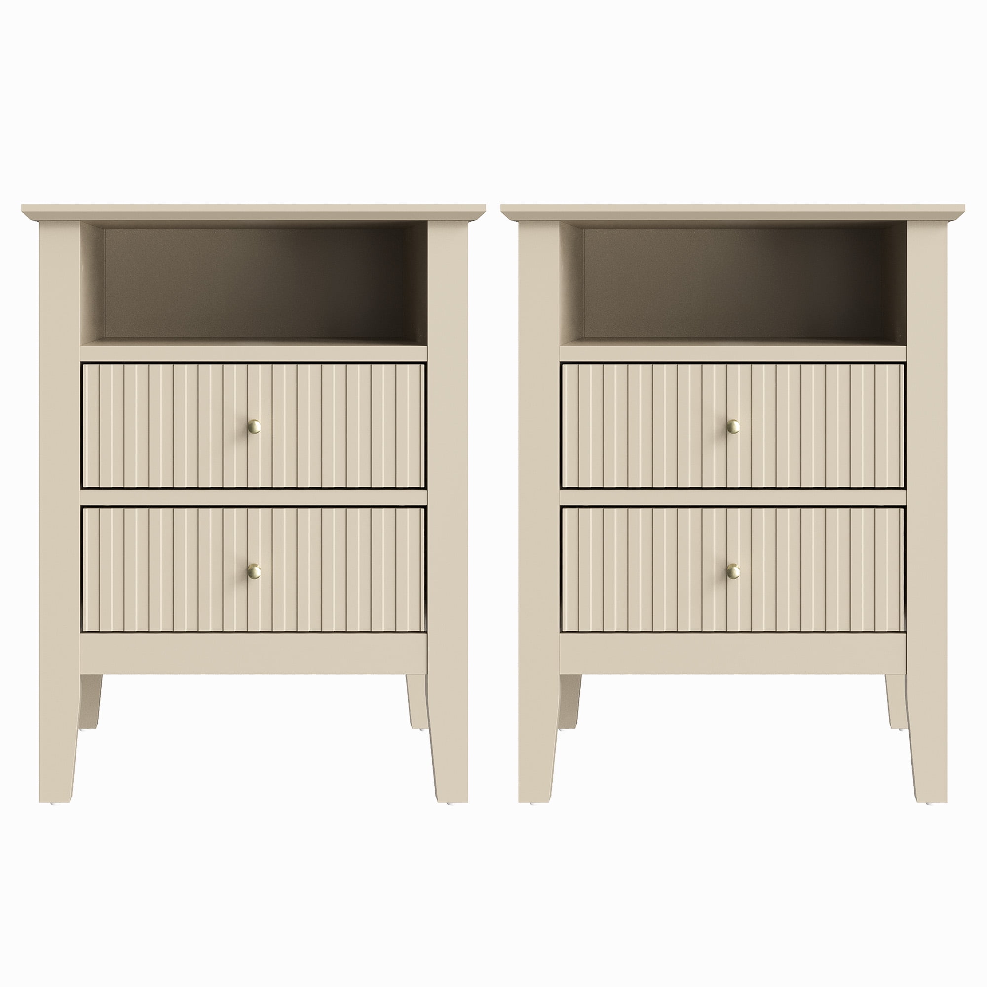 Heynemo Beige Fluted Nightstand with 2 Drawers Set of 2, Modern Wooden Sofa Table for Small Spaces, Tall End Table for Bedroom, Living Room