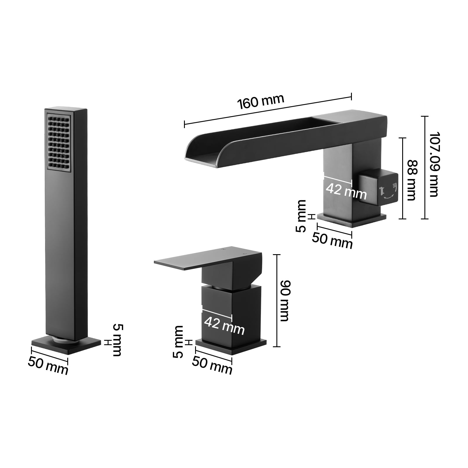 VEVOR Roman Tub Faucet, 3 Hole Waterfall Bathtub Faucet, Widespread Roman Tub Faucets with Shower Head & 1 Handle, Romans Bathtub Faucets for Pet Washing, Adult Bathing,Matte Black,Dual Water Flow