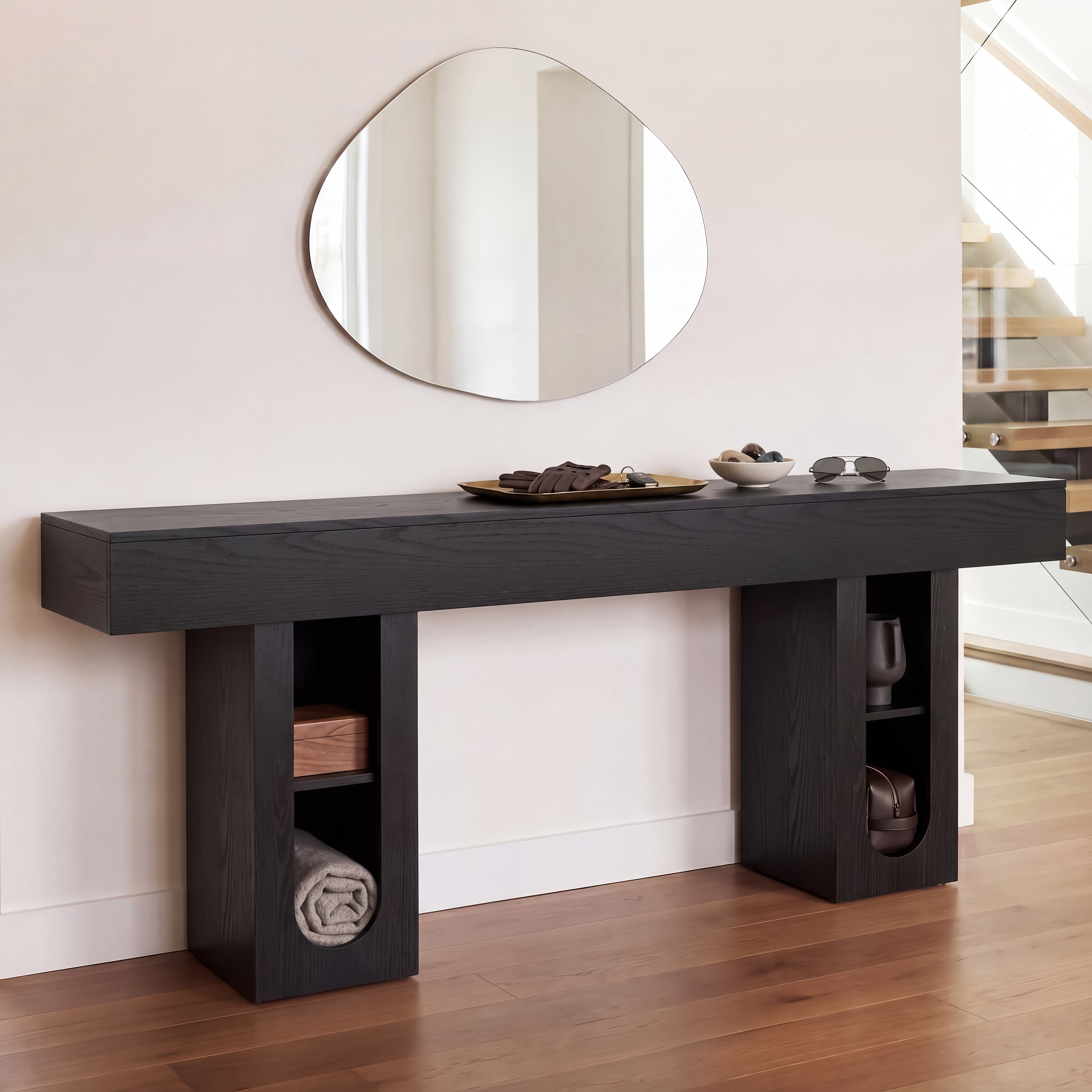 Mintazer 71" Modern U-Shaped Console Table with Charge Station, Entryway Table with Storage Shelves, Sofa Table for Entryway Hallway Living Room, Black