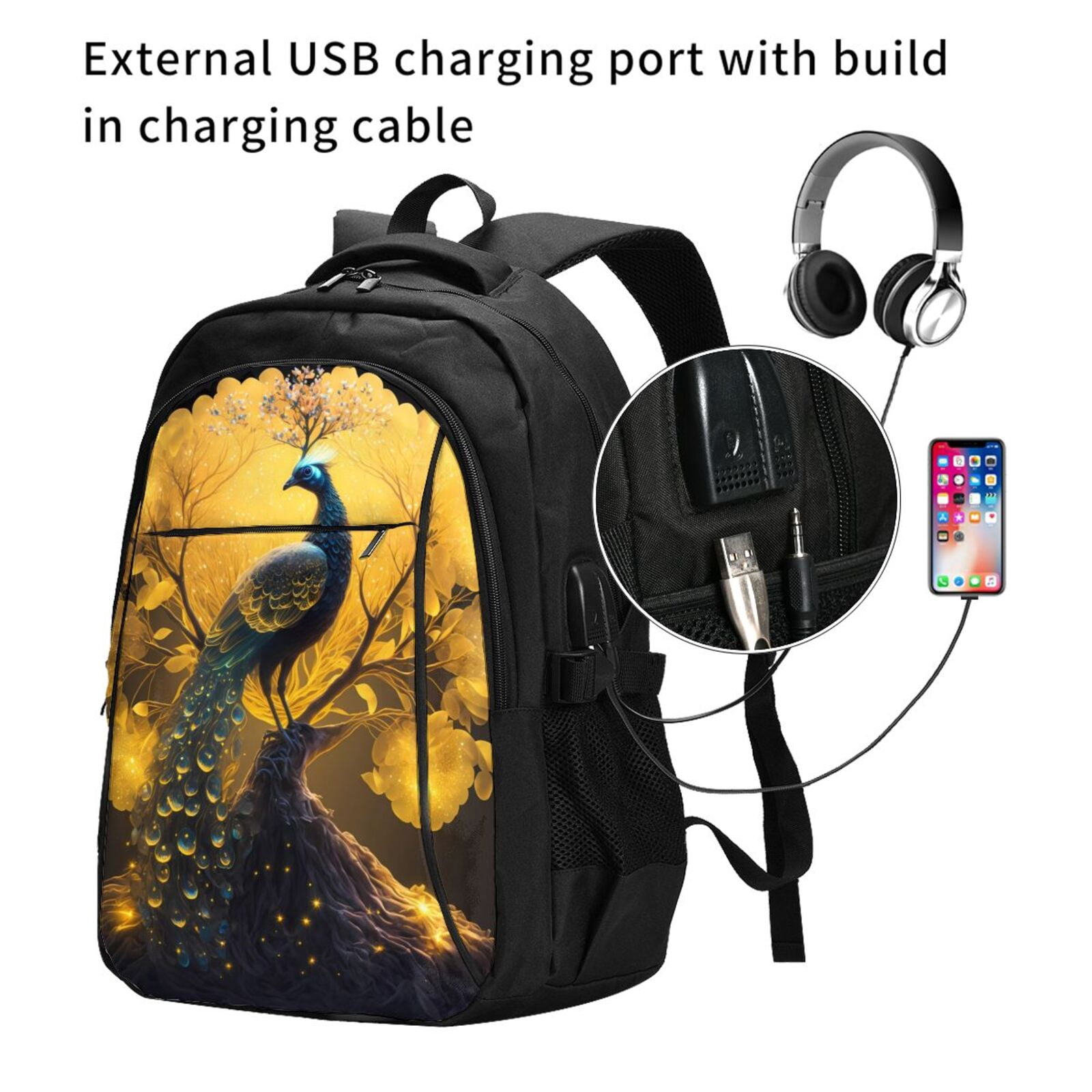 Vsdgher Elegant Gold Leaf Peacock Print Travel Laptop Backpack, Laptops Backpack with USB Charging Port, Water Resistant Computer Bag Gift for Men & Women