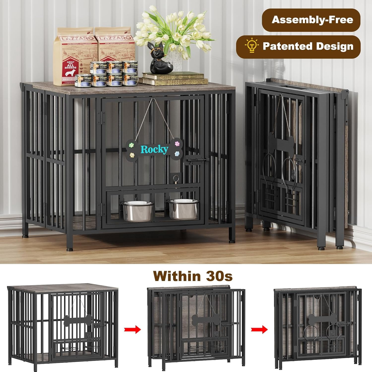 POAO 27"Dog Crate Furniture Foldable, No Assembly Dog Kennel Indoor for Small Dog(Under 20 lb), Dog Cage with Adjustable Bowls &Name Tag, End Table