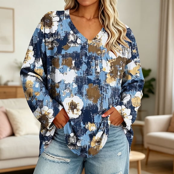 GERsome Women's Tops Plus Size V Neck Long Sleeve Shirts Dressy Casual Blouses Print Tunic Tops Size 4XL