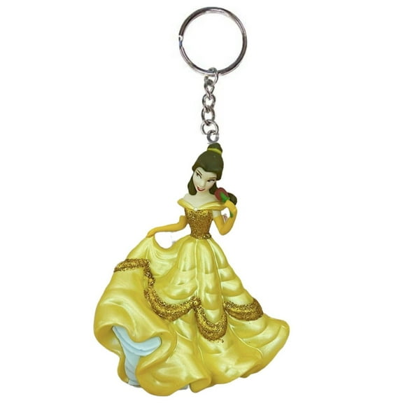 Princess Belle Beauty & Beast Yellow Glitter Key Ring Keychain PVC Figure Charm New