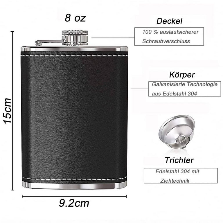 WSBArt 8 Oz Hip Flask for Liquor Black Leather Flask and Funnel, Leak Proof 18/8 Stainless Steel Pocket Flask for Men Gift