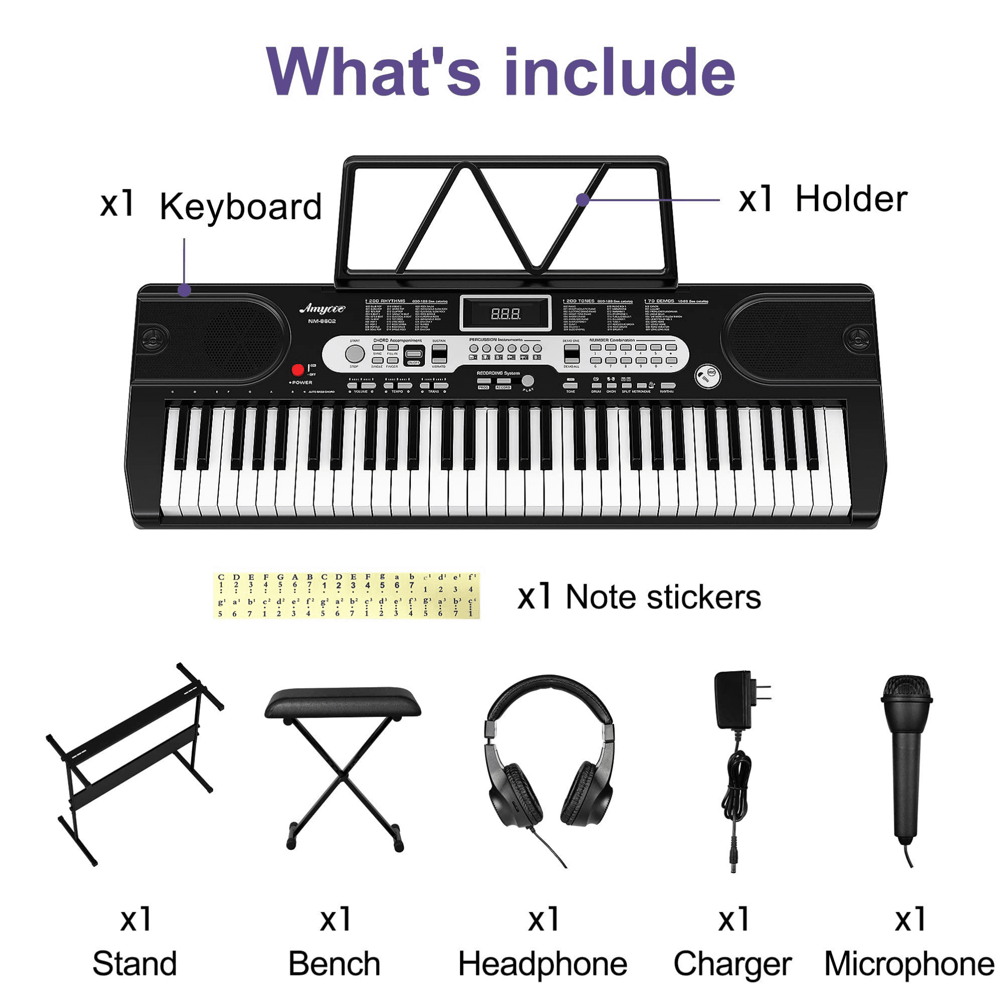 M optimized 61-Key Electric Keyboard Piano Set for Beginners and Kids with Microphone, Headphones, Stand, Stool, and Carrying Bag, Portable and Ideal for Teaching, Perfect Birthday, Christmas Gift