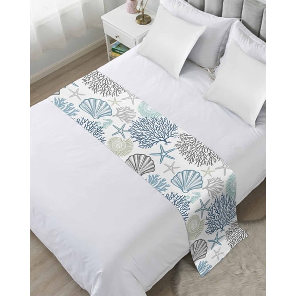 Bed Runner Scarf Twin Size, Blue Teal Coastal Stain Bed Runners & Scarves for Foot of Beds, Summer Beach Coral Shell Starfish Decorative Bedding Runner Scarf for Hotel Home Bedroom